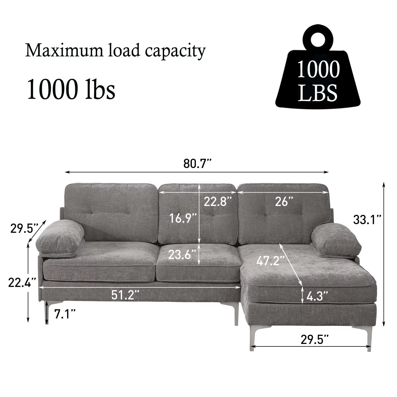 Convertible Sectional Sofa Couch, L-Shaped Couch with Reversible Chaise Lounge, Chenille Fabric Modern Sofa for Living Room, Apartment, Office, 3 Seats, Gray